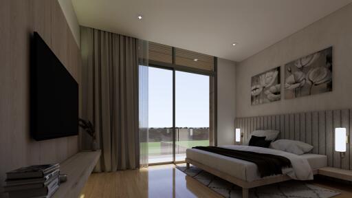 Modern bedroom with large window and balcony