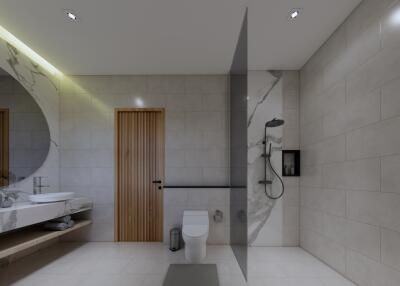 Modern bathroom with walk-in shower and double sink