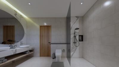 Modern bathroom with walk-in shower and double sink