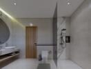 Modern bathroom with walk-in shower and double sink