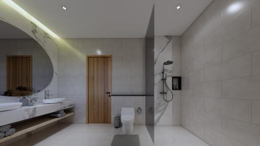 Modern bathroom with walk-in shower and double sink