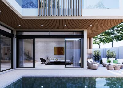 Modern residential building with outdoor pool and seating area