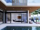 Modern residential building with outdoor pool and seating area