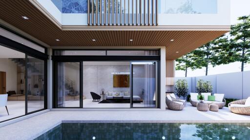 Modern residential building with outdoor pool and seating area