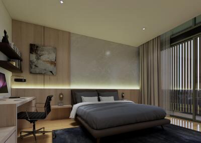 Modern bedroom with desk and large window