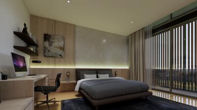 Modern bedroom with desk and large window