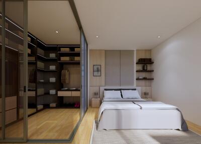 Modern bedroom with walk-in closet