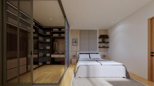 Modern bedroom with walk-in closet