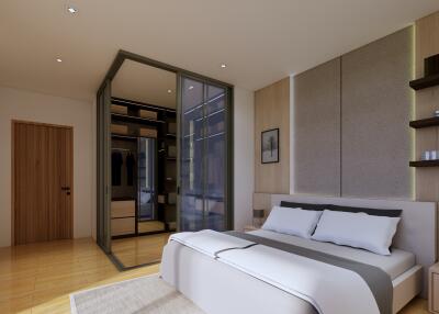 Modern bedroom with a walk-in closet