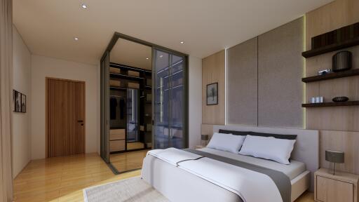 Modern bedroom with a walk-in closet