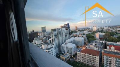 City view from high-rise building window