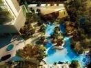 Aerial view of a luxurious outdoor area with swimming pools