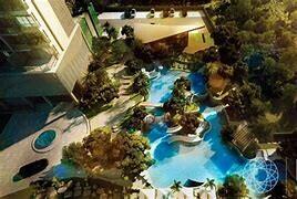 Aerial view of a luxurious outdoor area with swimming pools