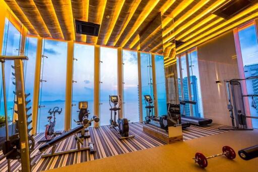 Modern gym with floor-to-ceiling windows and city view