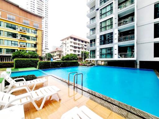 Swimming pool area of a modern apartment complex