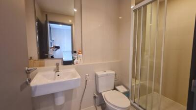 Modern bathroom with a sink, toilet, and shower area.