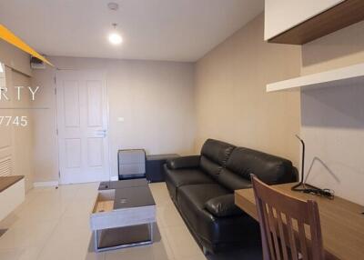 Modern living room with leather sofa and TV