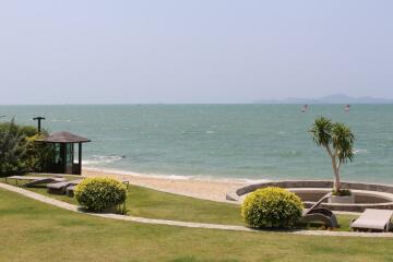 A beachfront view with garden area