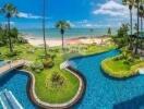 A beautiful outdoor area with a pool and a view of the beach