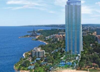 Aerial view of a high-rise building by the coastline