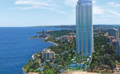 Aerial view of a high-rise building by the coastline