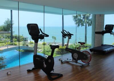 Sea-view fitness room equipped with exercise bikes and a treadmill