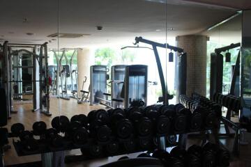 Fully equipped gym with various workout machines and weights