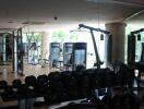 Fully equipped gym with various workout machines and weights