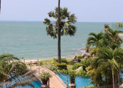 Beachfront view with pool and palm trees