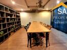 Modern dining room with a long table and chairs