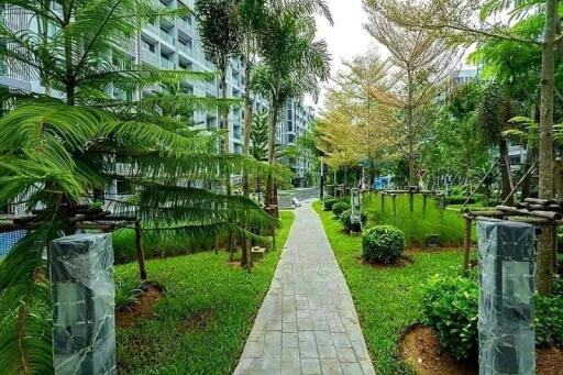 Lush green garden pathway in residential complex