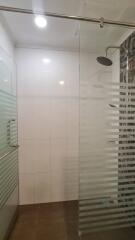 Modern bathroom with glass shower door and rainfall showerhead