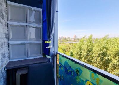 Scenic balcony view with storage and seating