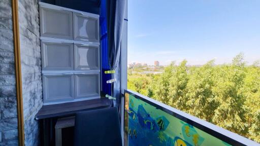 Scenic balcony view with storage and seating