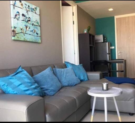 Modern living room with grey leather sofa and blue accent pillows, painting of birds on wall, and view of adjacent kitchen