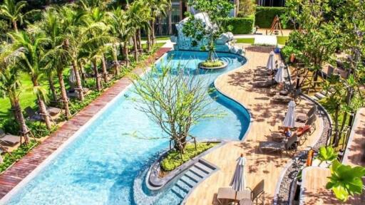 outdoor swimming pool and relaxation area with sunbeds and greenery