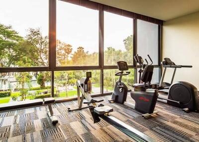 Apartment complex gym with exercise equipment and large windows