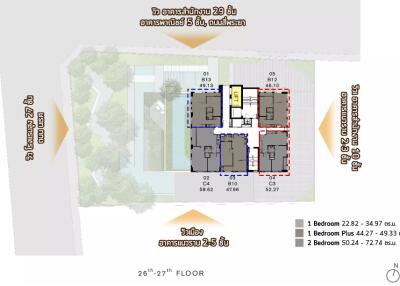 Floor plan of 26th-27th floor with unit layout and markers