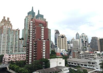 City skyline with various residential and commercial buildings