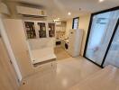 Modern kitchen with white cabinetry and integrated appliances