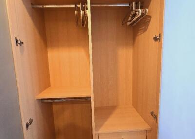 Wooden closet with shelves, drawers, and hanging space