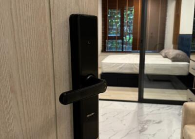 Modern bedroom with smart door lock