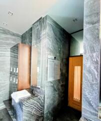 Modern spa area with sauna and marble decor