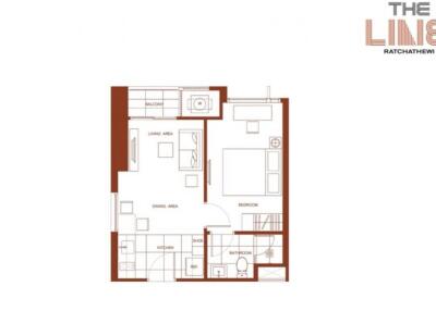 Building floor plan with living area, bedroom, kitchen, and bathroom.