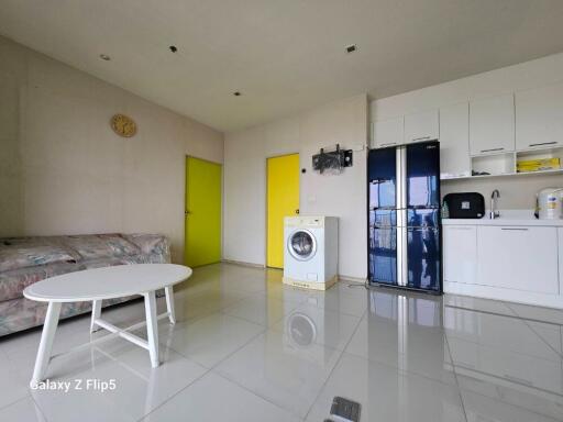 Living area with washing machine and kitchenette