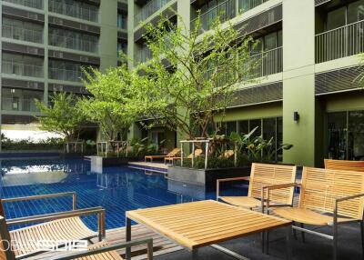 modern apartment outdoor swimming pool with seating area and greenery