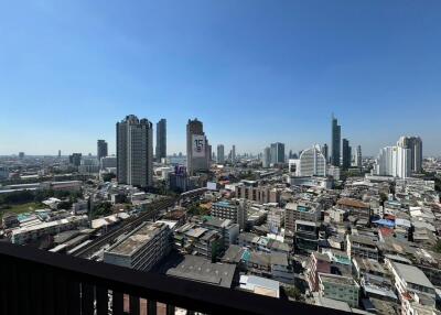 View of city skyline with various high-rise buildings