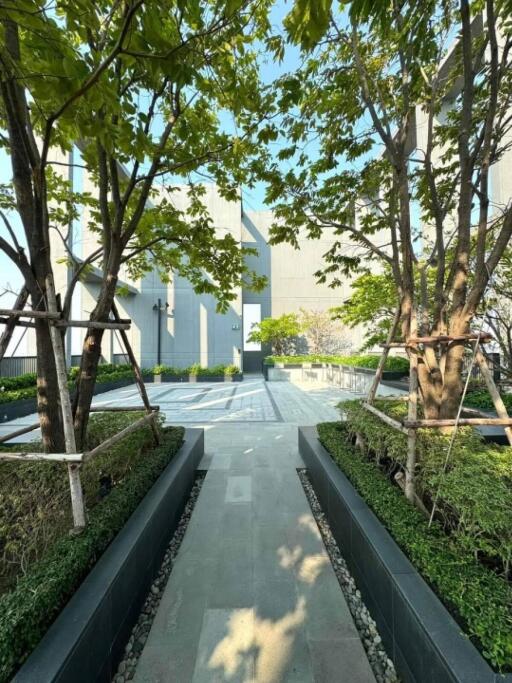 Beautifully landscaped garden area with trees and walkways