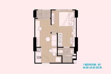 Floor plan of 1 bedroom apartment