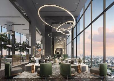 Modern high-rise common area with city views